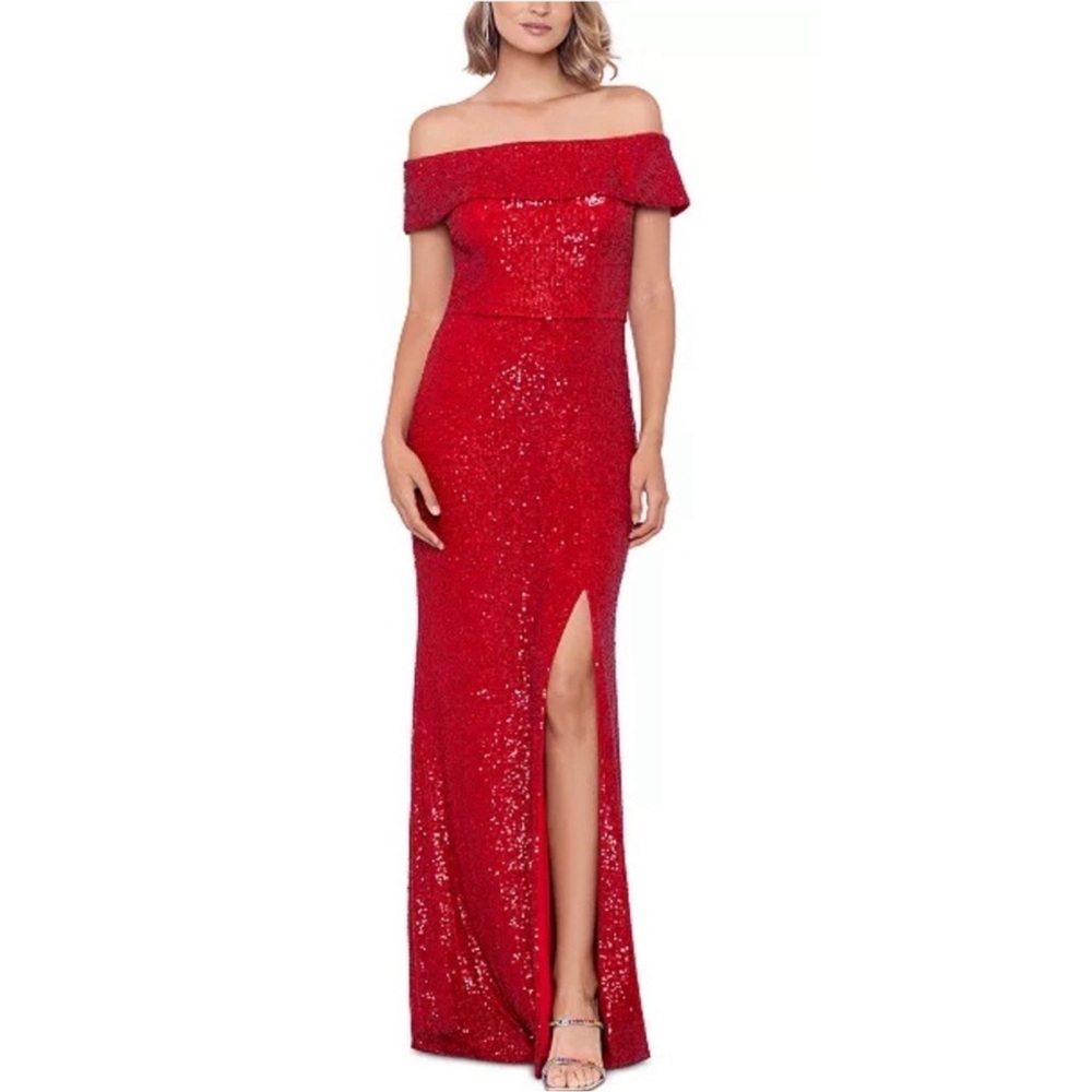 XSCAPE Red Off The Shoulder Sleeveless Slit Front Sequin Embellished Gown